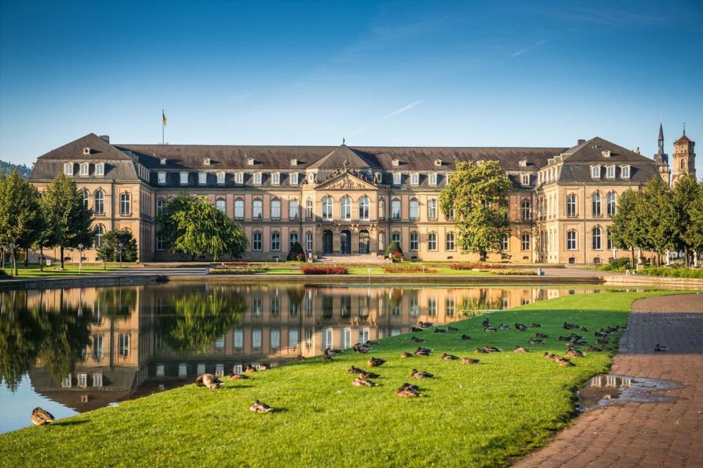 a large building with ducks laying on the grass in front of a lake at FlyHigh Apartment Stuttgart in Stuttgart