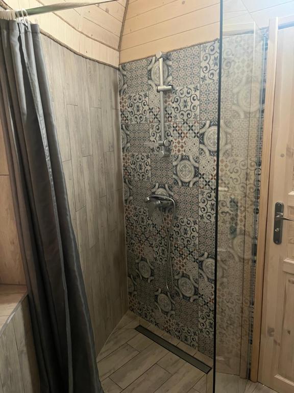 a shower with a glass door in a bathroom at GRASÓWKA in Werlas