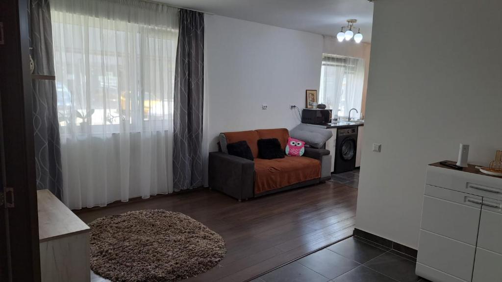 ein Wohnzimmer mit einem Sofa und einem Tisch in der Unterkunft Cozy Nest in Sînnicoară