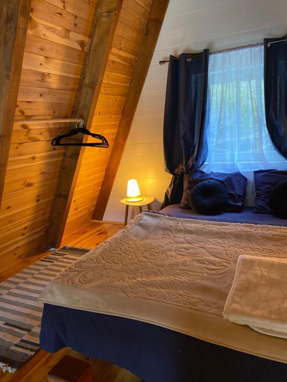 毛茛的住宿－WoodMood，一间位于小屋内的卧室,配有一张床和一个窗户