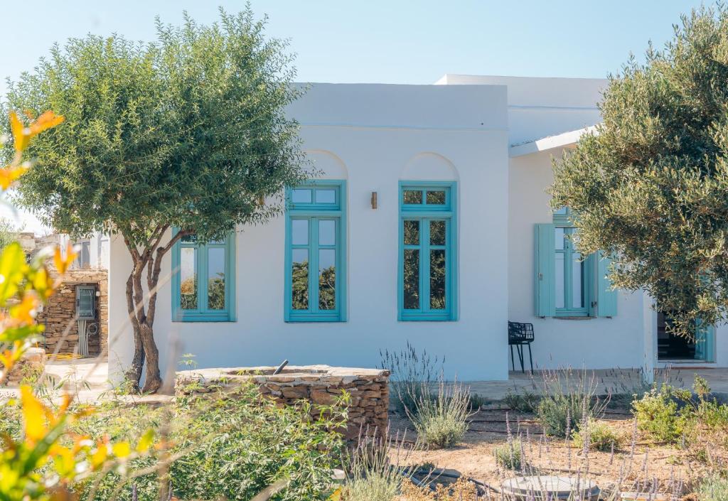 a white house with blue windows and a tree at Eco-Luxe Retreat in Ano Petali, Sifnos in Apollonia