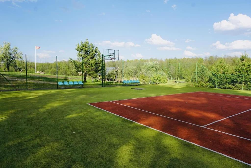 una pista de tenis con un aro de baloncesto en un campo en Forest springs. Family vacation tennis beach sauna, en GratiÅ¡kÄ—s