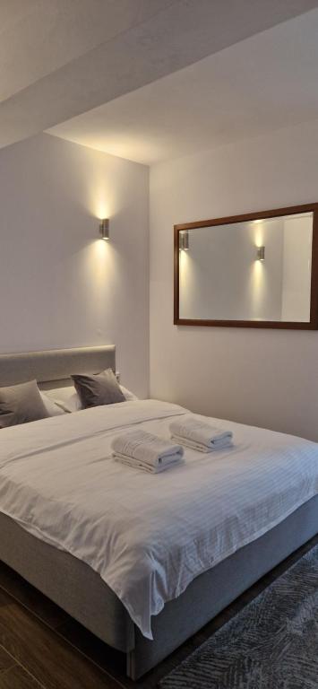 una camera da letto con un letto e due asciugamani di MODERN House a Sighetu Marmaţiei