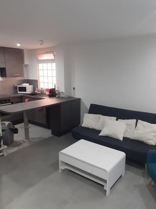 un salon avec un canapé bleu et une cuisine dans l'établissement Jolie 2P au centre de golfe-juan à 2mn des plages, à Vallauris