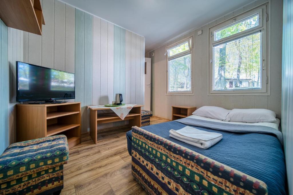 a bedroom with a bed and a tv and windows at OW Gromada Pod Bukami in Międzyzdroje