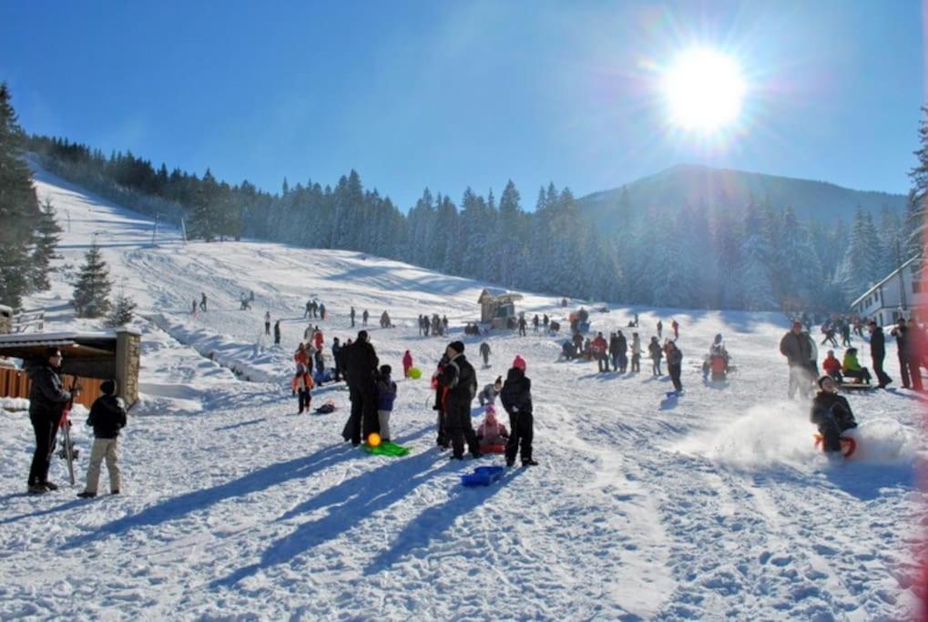un grupo de personas de pie en una ladera cubierta de nieve en Vila Artemis, en Rausor