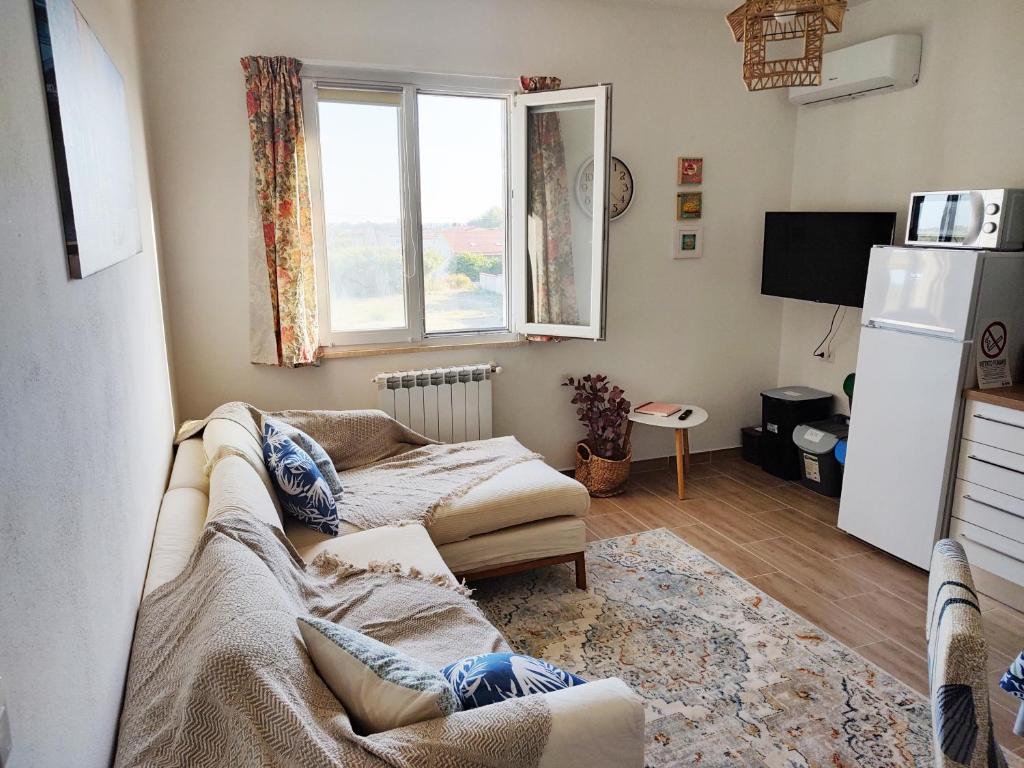 ein Wohnzimmer mit einem Sofa und einem Kühlschrank in der Unterkunft Casa di Indiana in Baratili San Pietro