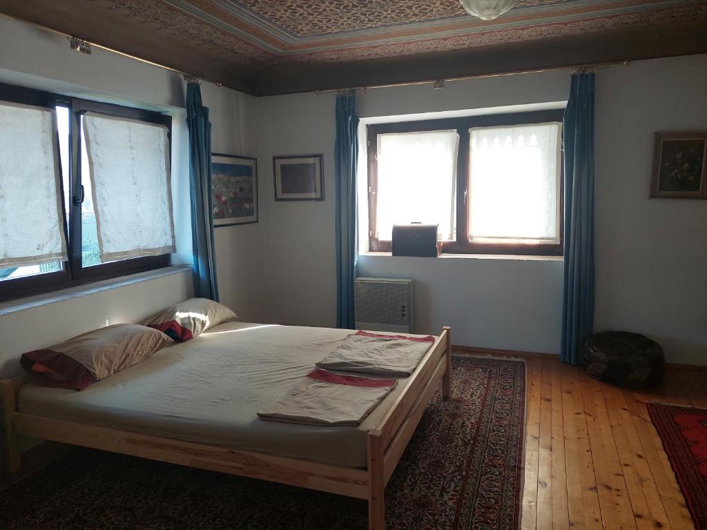 1 dormitorio con 1 cama en una habitación con ventanas en Mona Home, en Sarajevo