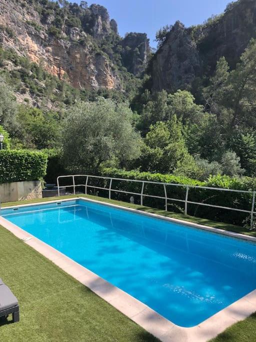 une grande piscine bleue en face d'une montagne dans l'établissement Villa piscine 30 minutes de Nice, à Le Broc