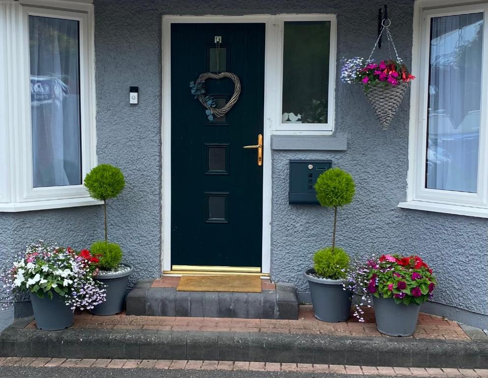 a blue front door of a house with potted plants at The Lily Pad near Poole Dorset Self contained private entrance and free parking in Poole