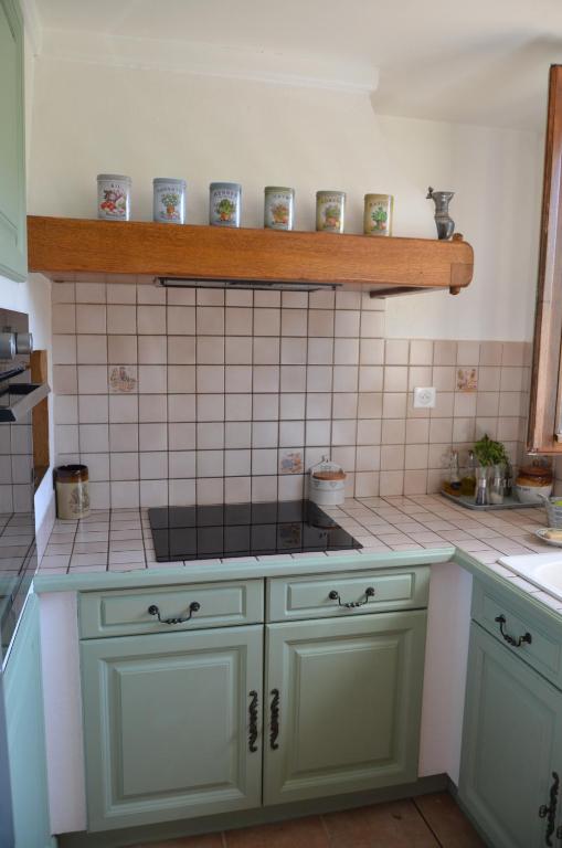 a kitchen with green cabinets and a stove top oven at Maison Amandre en Pleine Nature - Mas Lou Castanea in Collobrières