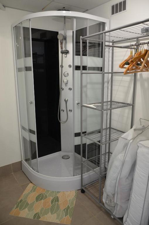 a shower with a glass enclosure in a room at Maison Amandre en Pleine Nature - Mas Lou Castanea in Collobrières