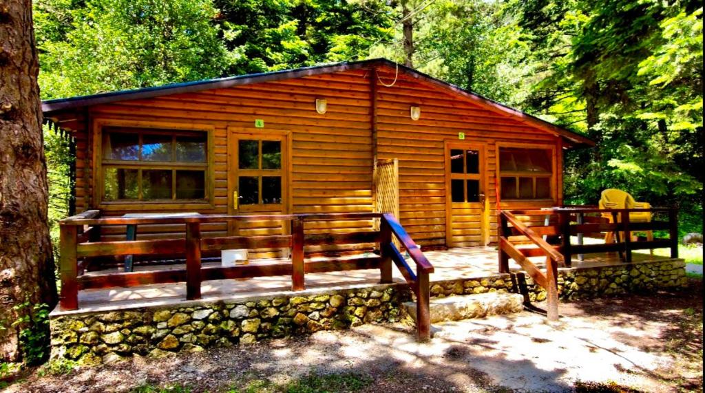 eine Blockhütte im Wald mit Bänken davor in der Unterkunft Uji i Panjes Llogara in Vlorë
