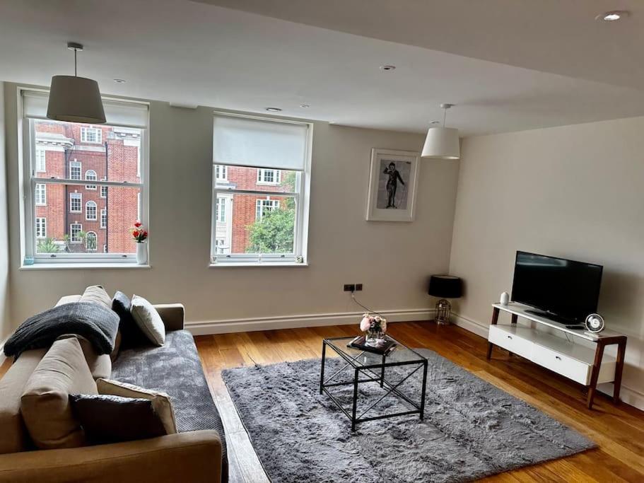 a living room with a couch and a tv at Modern 1bedflat Kensington in London