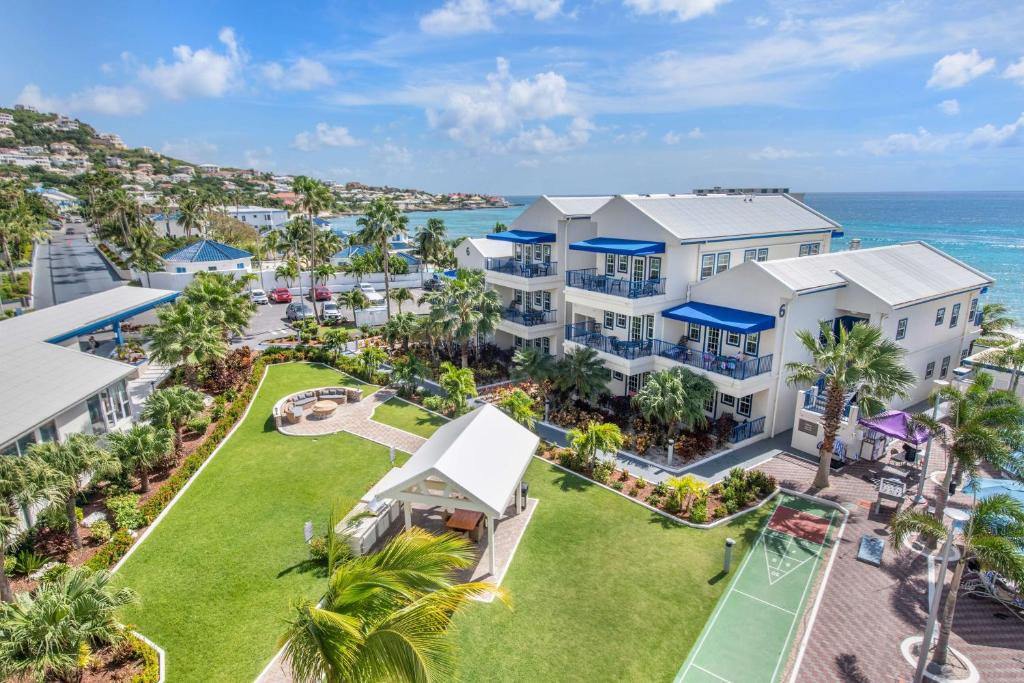 an aerial view of a resort with the ocean in the background at Hilton Vacation Club Flamingo Beach Sint Maarten in Simpson Bay