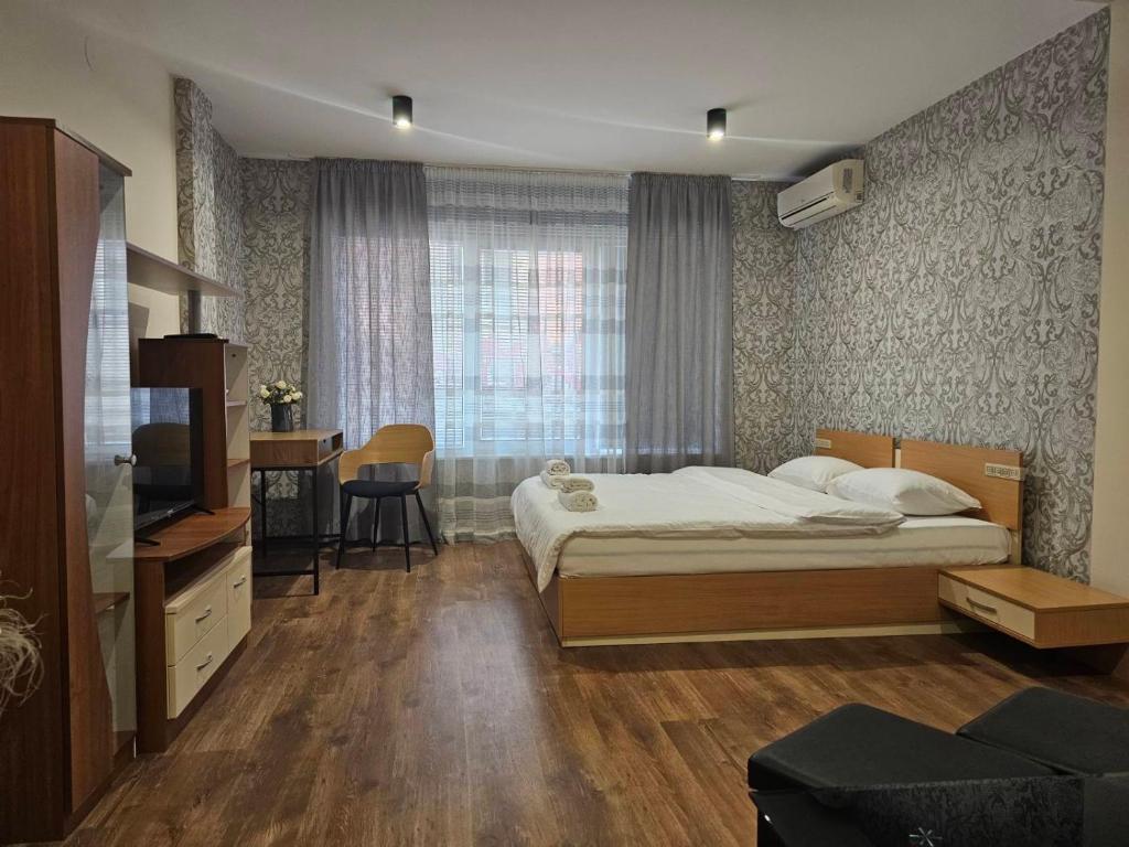 - une chambre avec un lit, un bureau et une télévision dans l'établissement Studio MIRAGE, à Kazanlak