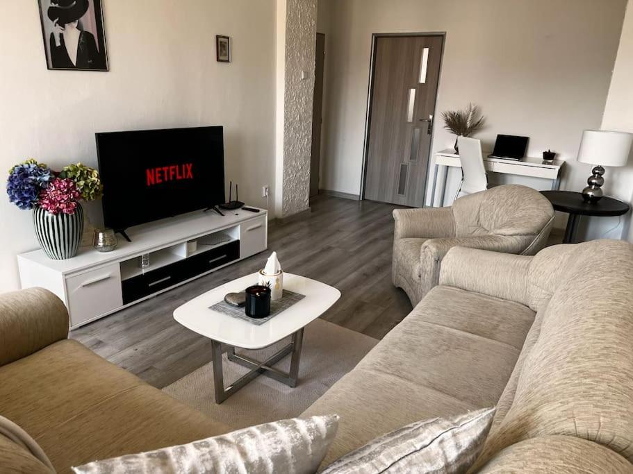 a living room with two couches and a flat screen tv at Modern, Cozy apartment with Netflix & Free parking 