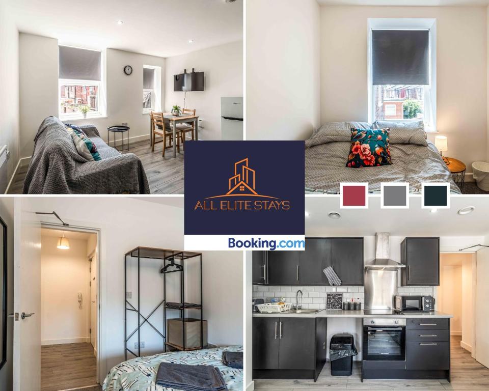 eine Collage mit Fotos von einem Wohnzimmer und einer Küche in der Unterkunft Swan House Apartment 2 - 1 Bed Apartment - Sleeps up to 4 - Free Parking - Liverpool - close to city centre - By ALL ELITE STAYS in Liverpool