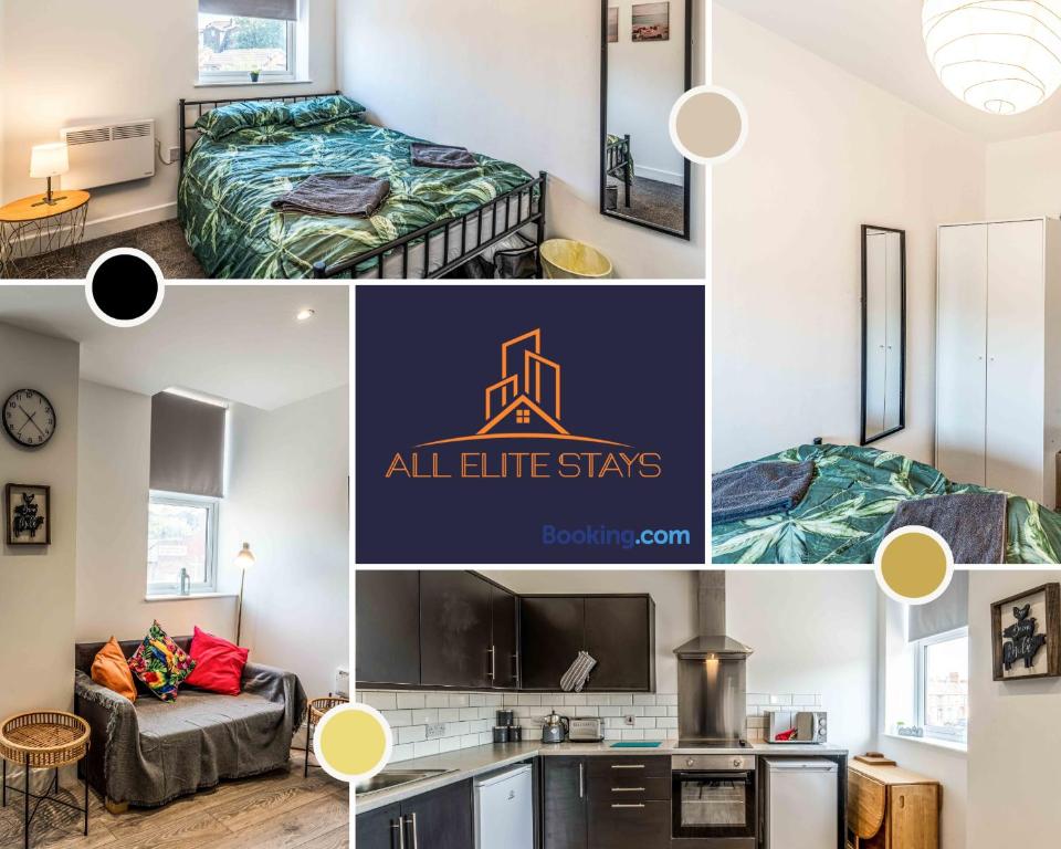 un collage de trois photos d'une chambre d'hôtel dans l'établissement Swan House Apartment 4 - 1 Bed Apartment - Sleeps up to 4 - Free Parking - Liverpool - close to city centre - By ALL ELITE STAYS, à Liverpool