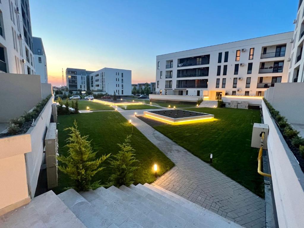 an aerial view of a courtyard in a building at Modern Apartment in Timisoara in Timişoara