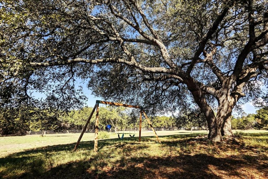 un columpio bajo un árbol en un campo en Shady Oaks Cottage: A Peaceful & Relaxing Getaway, en Wimberley