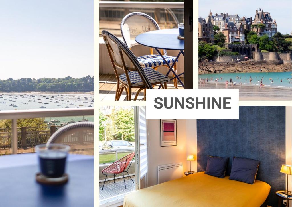 un collage de photos d'une chambre d'hôtel avec vue sur la ville dans l'établissement SUNSHINE - Appartement 2pers - terrasse vue mer - Dinard, à Dinard