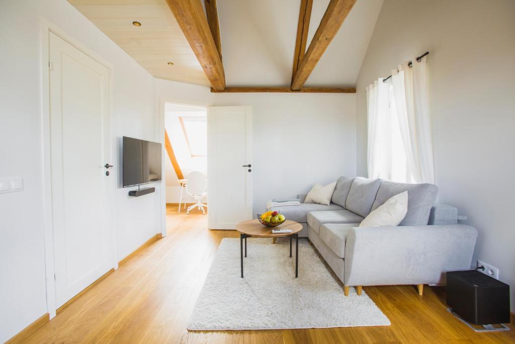 a living room with a couch and a table at Jüri tn Apartment B in Võru