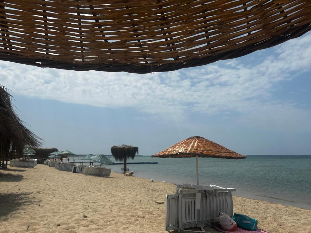 - une plage avec un parasol, des chaises et l'océan dans l'établissement Enez’de Müstakil Villa, à Enez