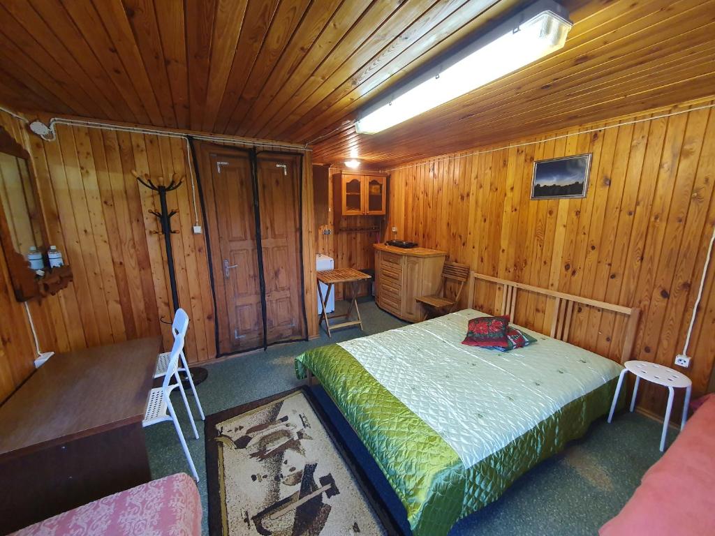 1 dormitorio con 1 cama en una habitación de madera en Stovyklavietė „Varlium pastauninks“ 