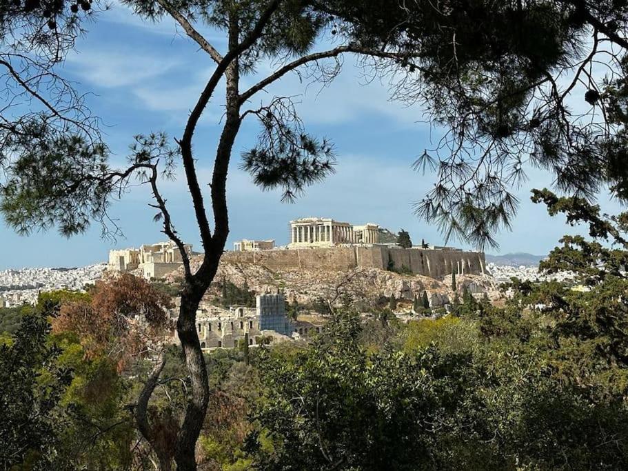 a view of the acropolis of athens from behind trees at Steps to the Acropolis, museum view and balcony in Athens