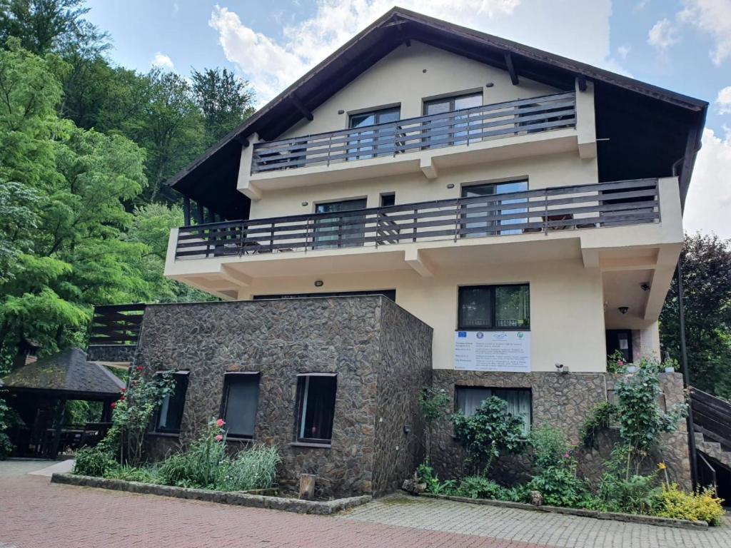 a house with a balcony on top of it at Pensiunea Iasmina si Pescarul in Călimăneşti