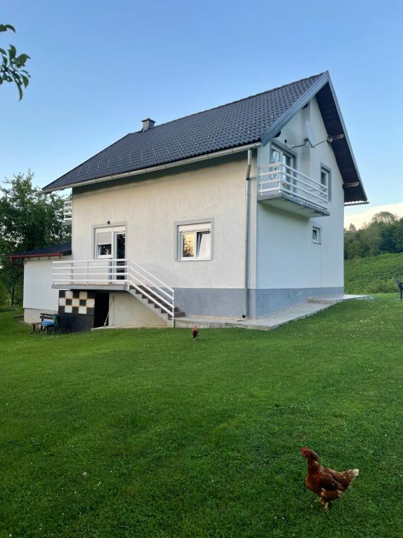 una casa con un pollo in piedi sull'erba di Apartman Mile a Smoljanac