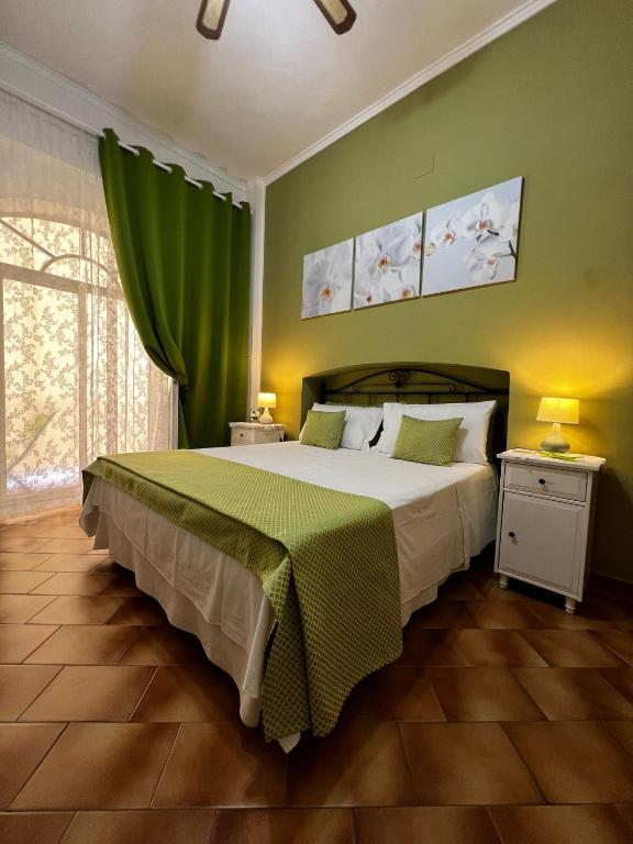 a bedroom with a large bed with green walls at CASA DEL SOLE Accomodation in Tropea