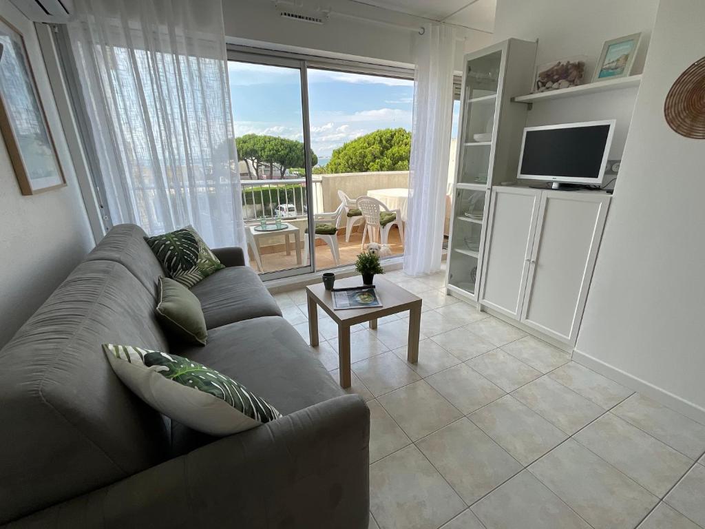 勒格罗-迪鲁瓦Studio le Vue mer Accès direct à la plage Parking privé Clim belle terrasse的带沙发和桌子的客厅