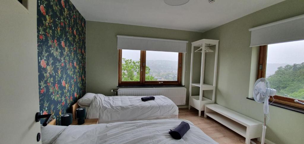 ein Krankenhauszimmer mit 2 Betten und einem Fenster in der Unterkunft D'Hestia - Gîte avec vue imprenable sur Huy in Huy