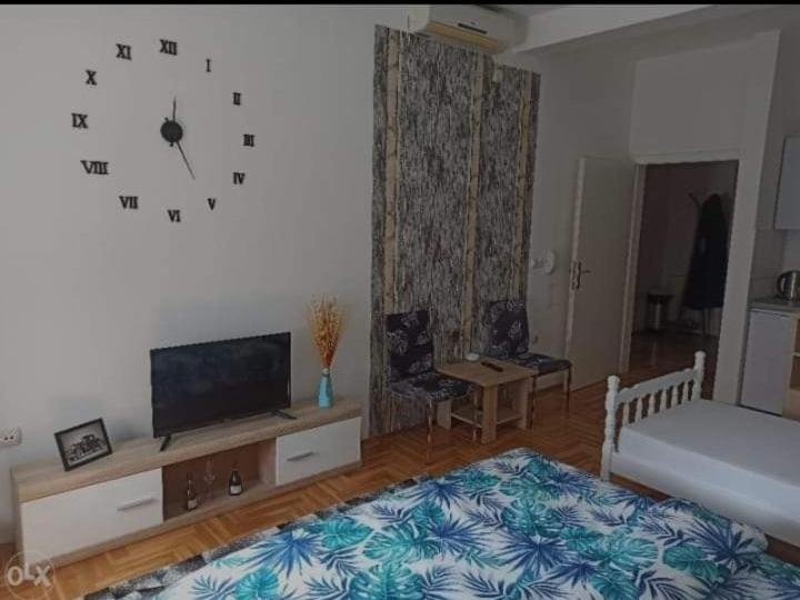 ein Wohnzimmer mit einer großen Uhr an der Wand in der Unterkunft Apartman (stan na dan) M&M 2 Prijedor in Prijedor