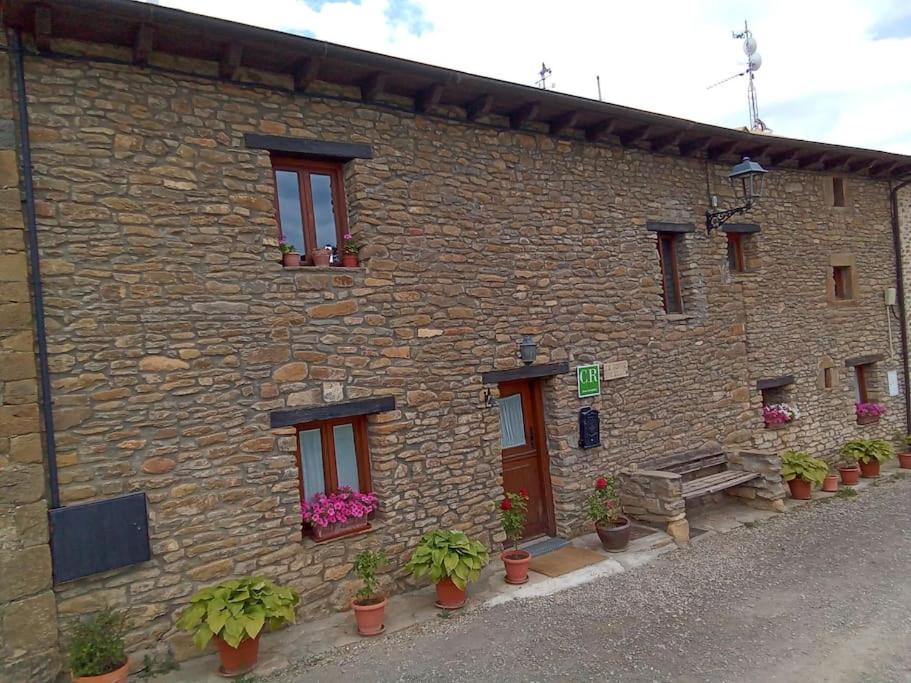 a stone building with potted plants in front of it at La Borda de Allué in Huesca