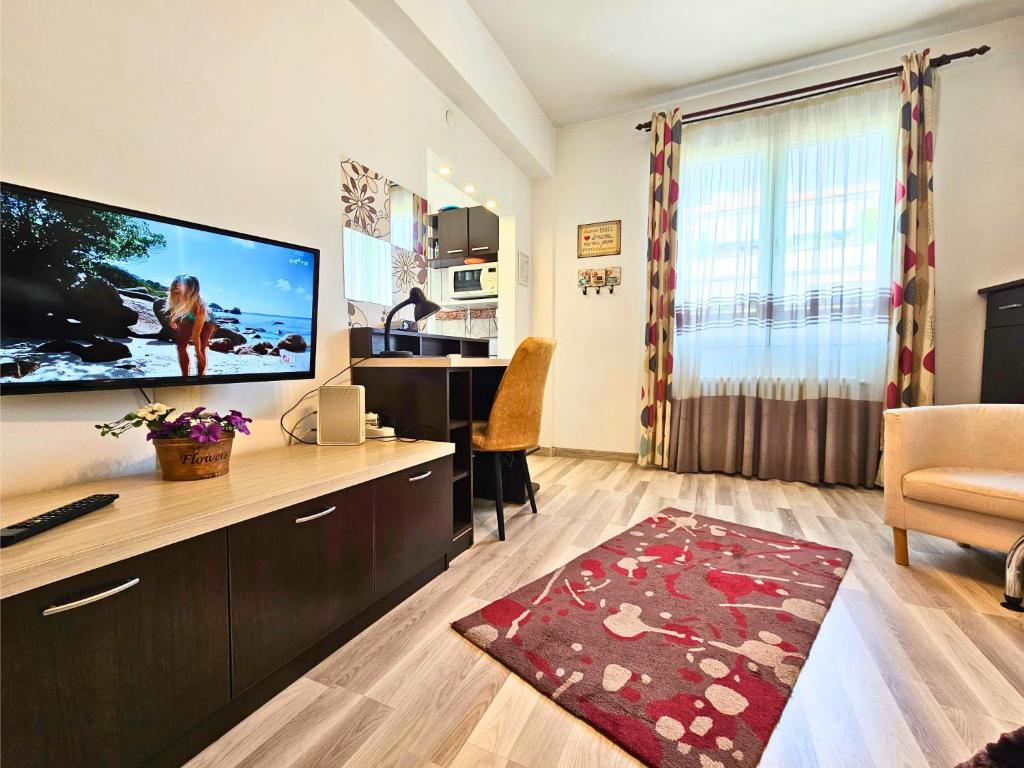 a living room with a large tv and a desk at GOOD VIBES in Cismigiu Studio steps from Subway Self Check IN in Bucharest