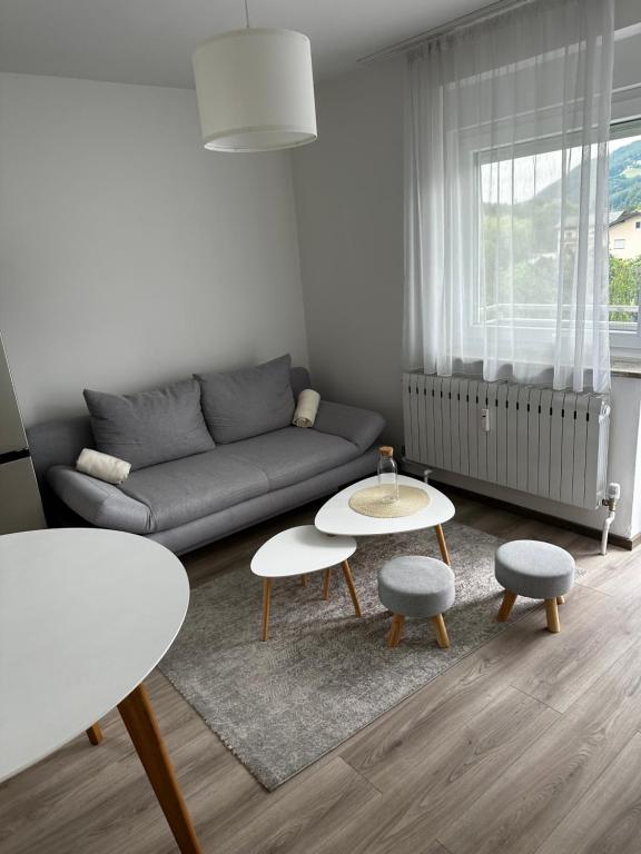 uma sala de estar com um sofá e uma mesa em City Apartment Nord em Salzburgo