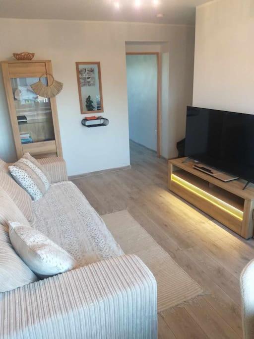 a living room with a couch and a flat screen tv at Rannarajooni holiday apartment in Pärnu