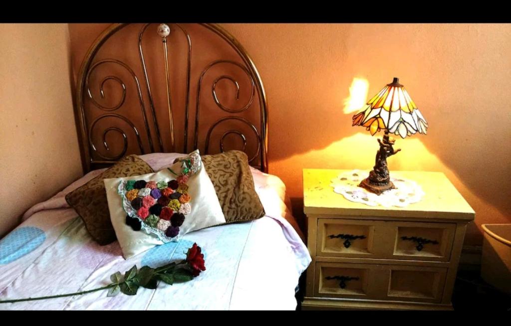 una camera da letto con un letto con una lampada su un comodino di Habitacion en el corazón de la Roma a Città del Messico