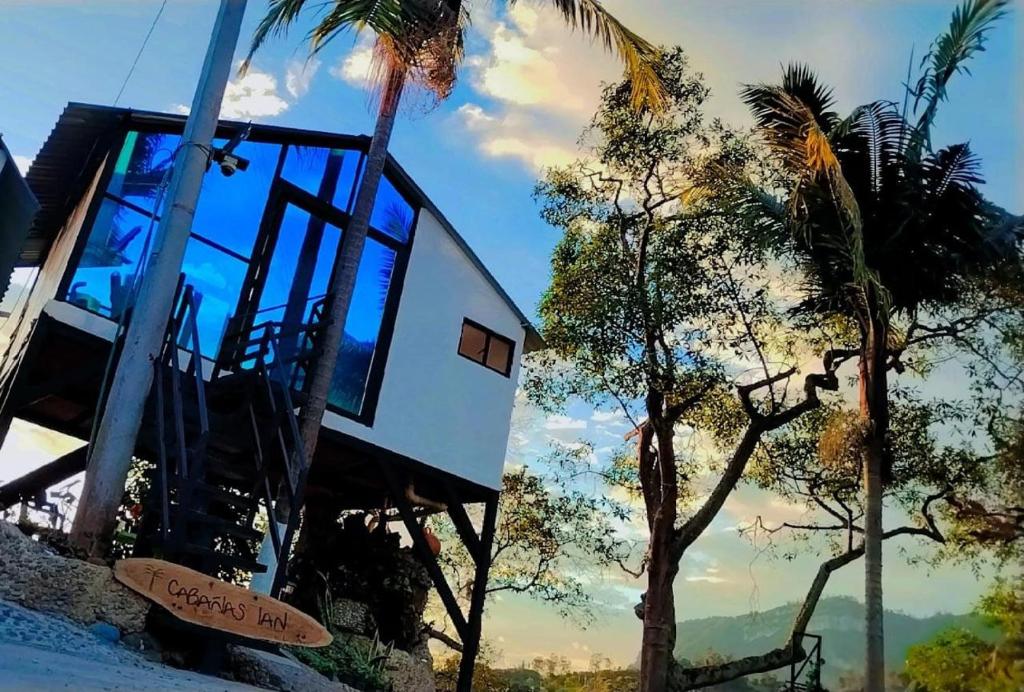 ein Haus mit Glasfenstern und Palmen in der Unterkunft Cabaña De Ian (Deluxe) in San Antonio del Tequendama