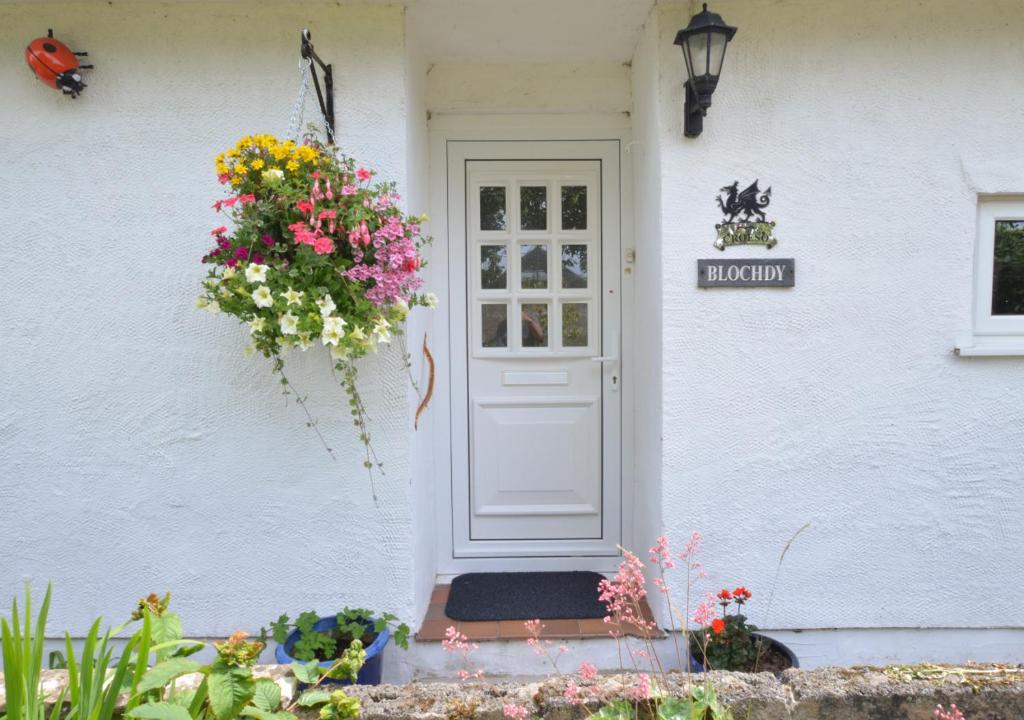 a white house with a white door and flowers at Blochdy in Dwyran