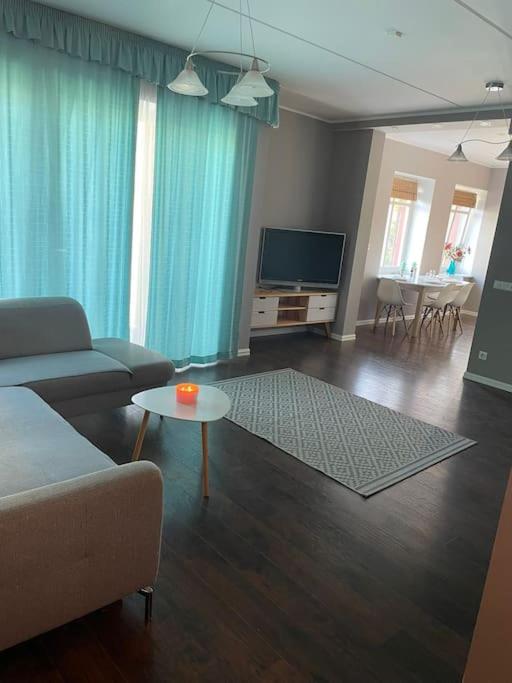 - un salon avec un canapé, une télévision et une table dans l'établissement Cozy Sauna Apartment, à Pärnu