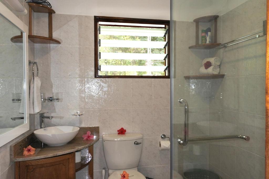 Koupelna v ubytování Contemporary studio with sea view in Mahé, 56m² + terrace