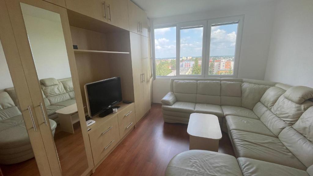 ein Wohnzimmer mit einem Sofa und einem TV in der Unterkunft Apartmán Třeboň in Třeboň