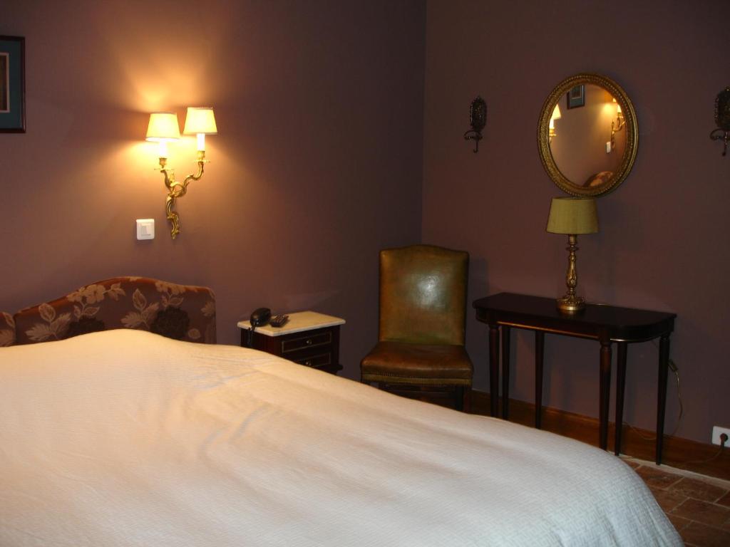 a bedroom with a bed and a mirror and a chair at Le Relais du Lyon d&#39;Or in Angles-sur-lʼAnglin