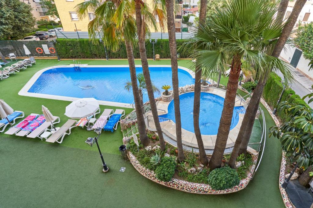 einen Blick über einen Pool mit Palmen in der Unterkunft Mediterraneo Real in Fuengirola