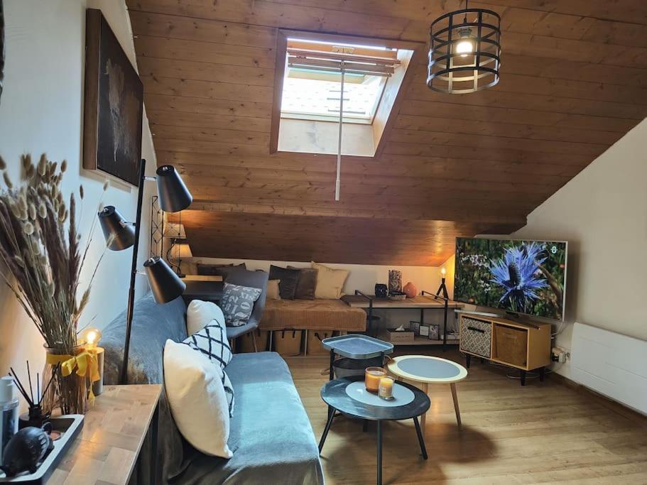 un salon avec un canapé et une télévision dans l'établissement Coeur d'Albertville - Hyper Centre (Gare à 800 mètres), à Albertville