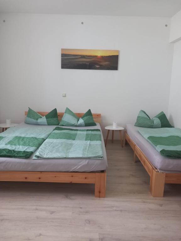 a bedroom with two beds with green pillows at Ferienwohnung Waldblick mit Balkon in Sebnitz